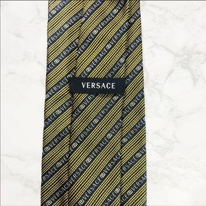 Versace Gold Blue Striped Spellout Tie EUC